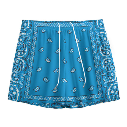 Light Blue Paisley Bandana Print Mesh Shorts