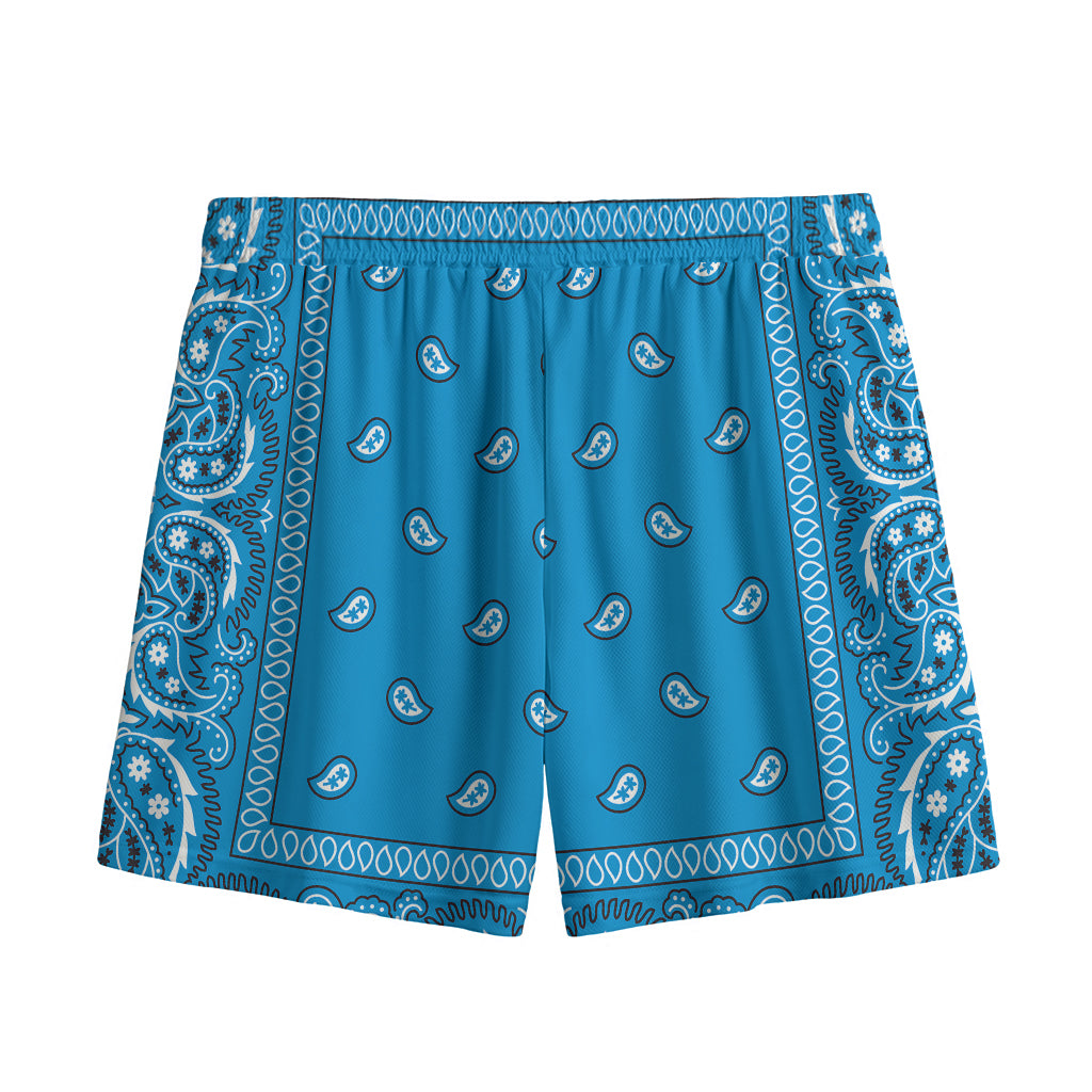 Light Blue Paisley Bandana Print Mesh Shorts