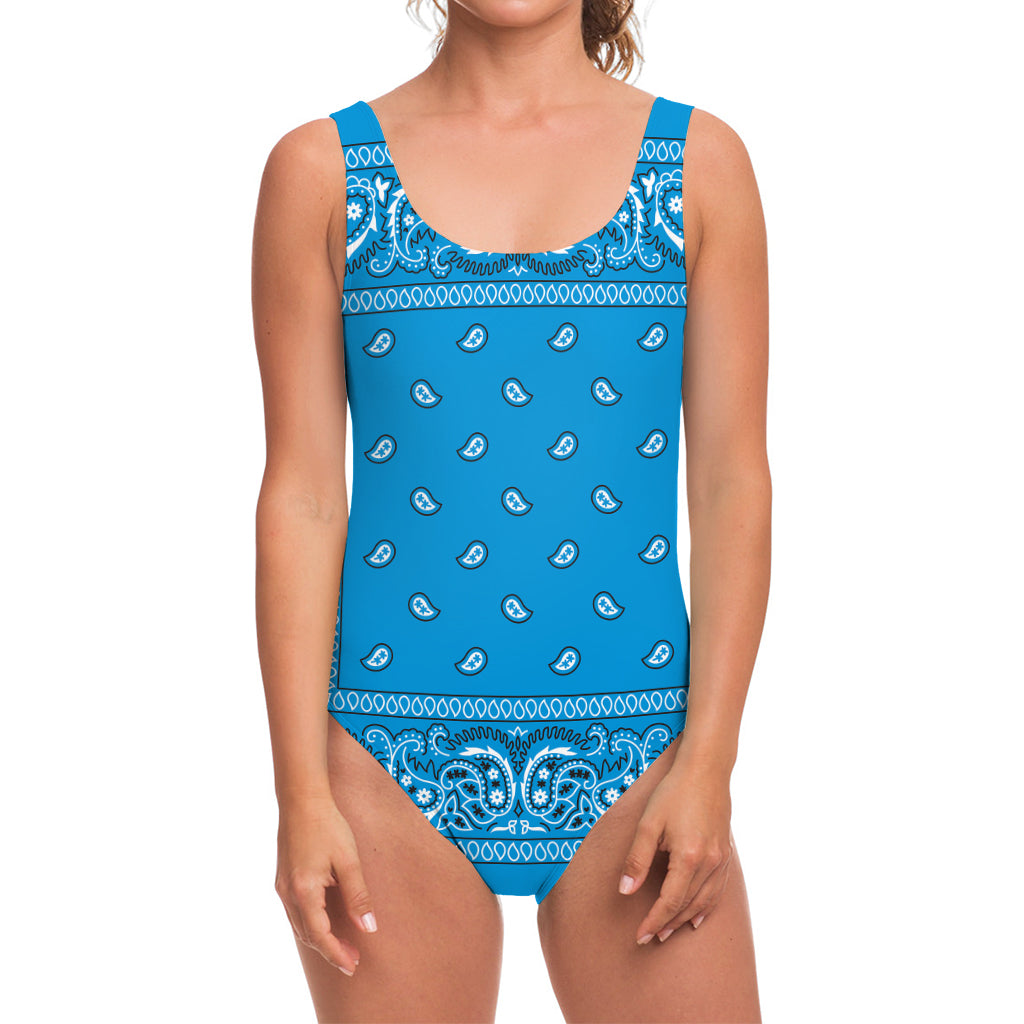 Light Blue Paisley Bandana Print One Piece Swimsuit
