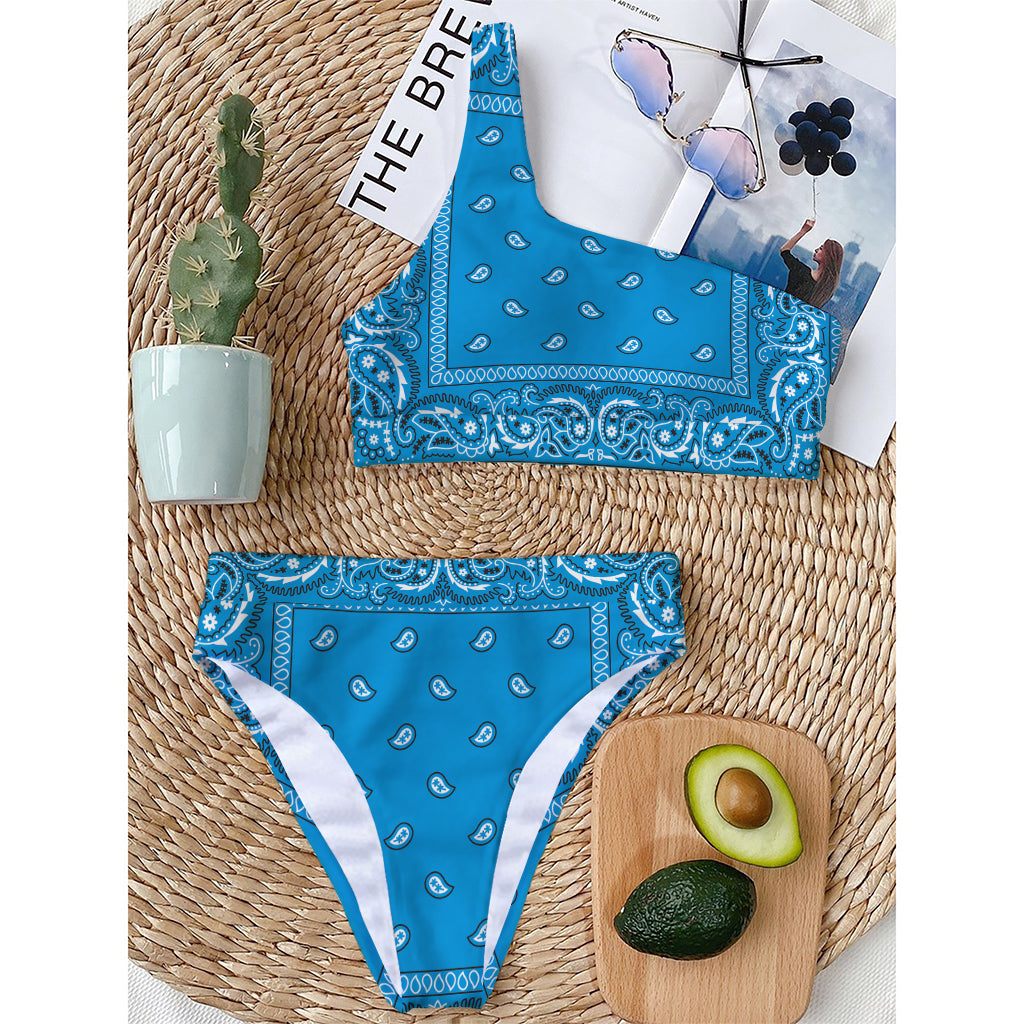 Light Blue Paisley Bandana Print One Shoulder Bikini Top