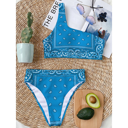 Light Blue Paisley Bandana Print One Shoulder Bikini Top