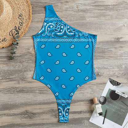 Light Blue Paisley Bandana Print One Shoulder Bodysuit