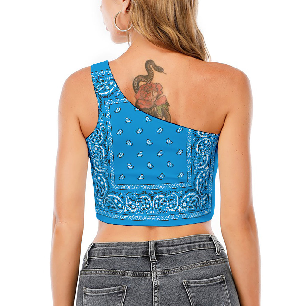 Light Blue Paisley Bandana Print One Shoulder Crop Top
