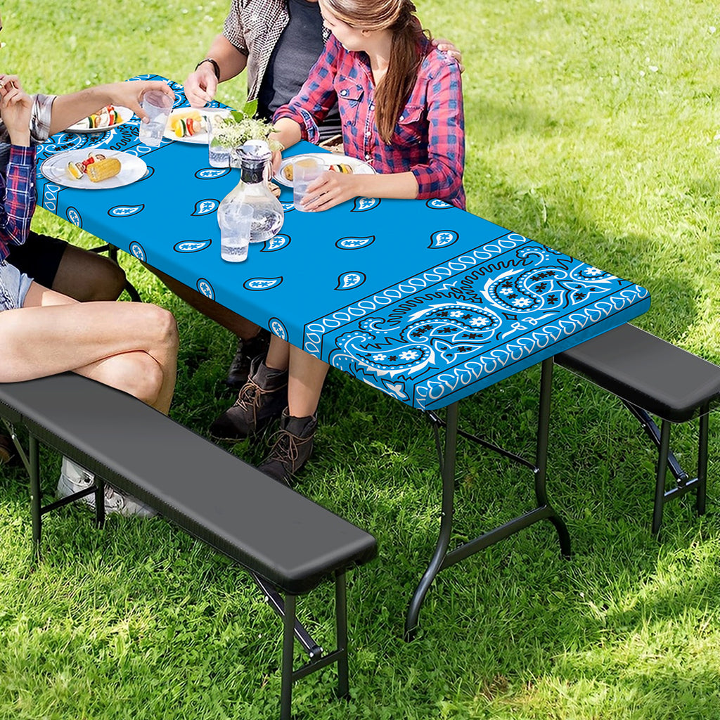 Light Blue Paisley Bandana Print Picnic Table Cover