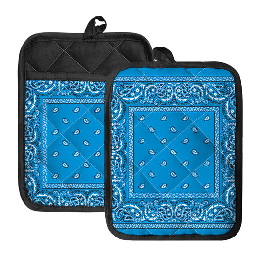 Light Blue Paisley Bandana Print Pot Holders With Pocket