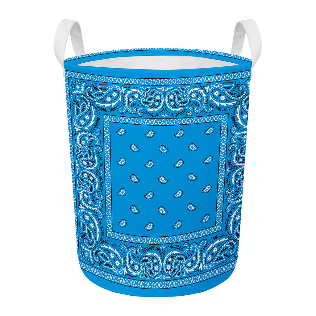 Light Blue Paisley Bandana Print Round Laundry Basket