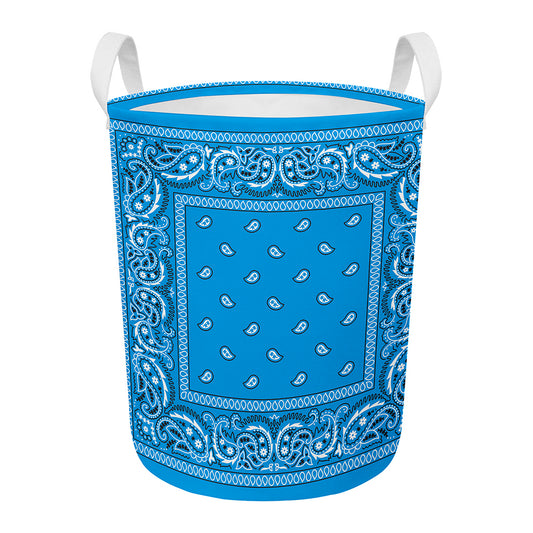 Light Blue Paisley Bandana Print Round Laundry Basket