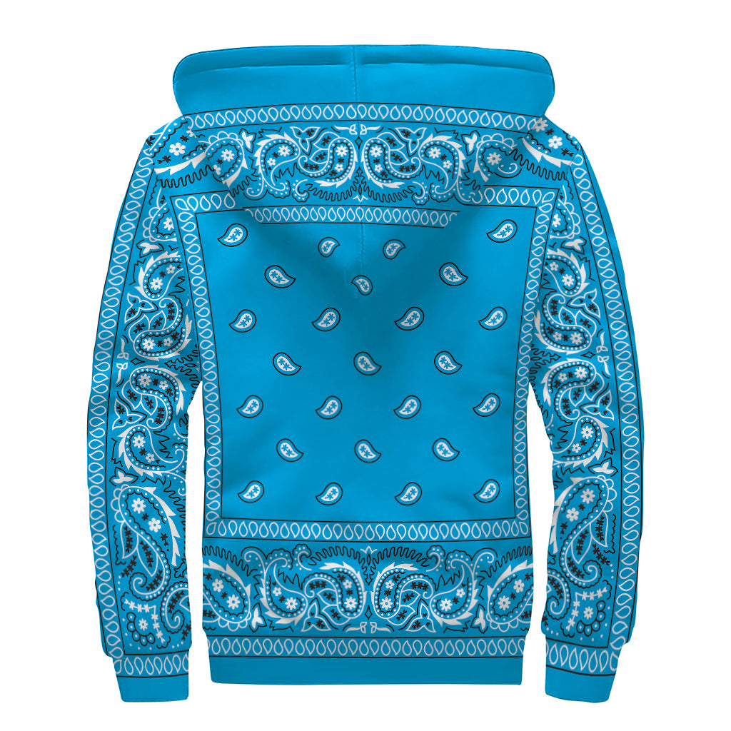 Light Blue Paisley Bandana Print Sherpa Lined Zip Up Hoodie