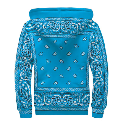 Light Blue Paisley Bandana Print Sherpa Lined Zip Up Hoodie