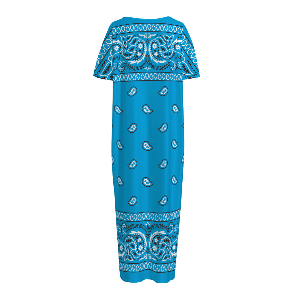 Light Blue Paisley Bandana Print Short Sleeve Long Nightdress