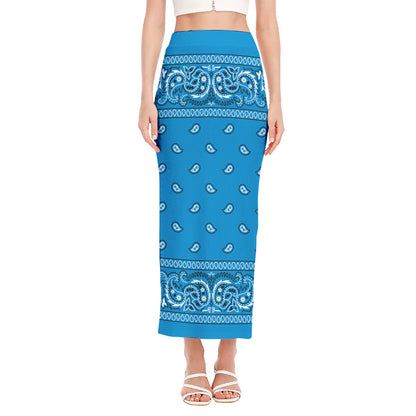 Light Blue Paisley Bandana Print Side Slit Maxi Skirt