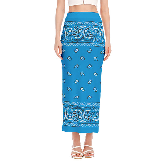 Light Blue Paisley Bandana Print Side Slit Maxi Skirt
