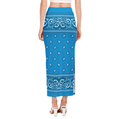 Light Blue Paisley Bandana Print Side Slit Maxi Skirt