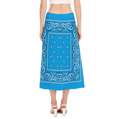 Light Blue Paisley Bandana Print Side Slit Midi Skirt