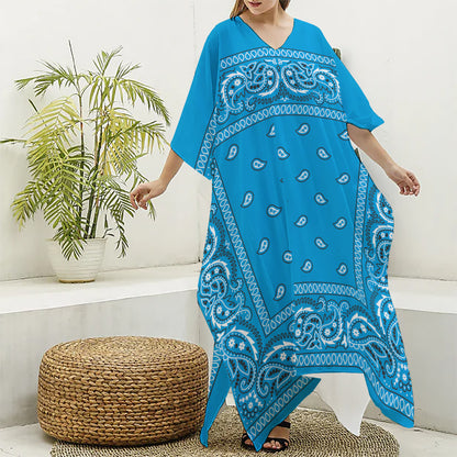 Light Blue Paisley Bandana Print Silk V-Neck Kaftan Dress
