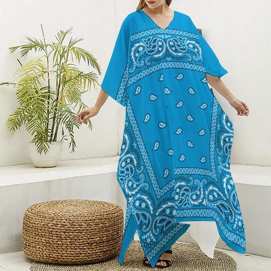 Light Blue Paisley Bandana Print Silk V-Neck Kaftan Dress