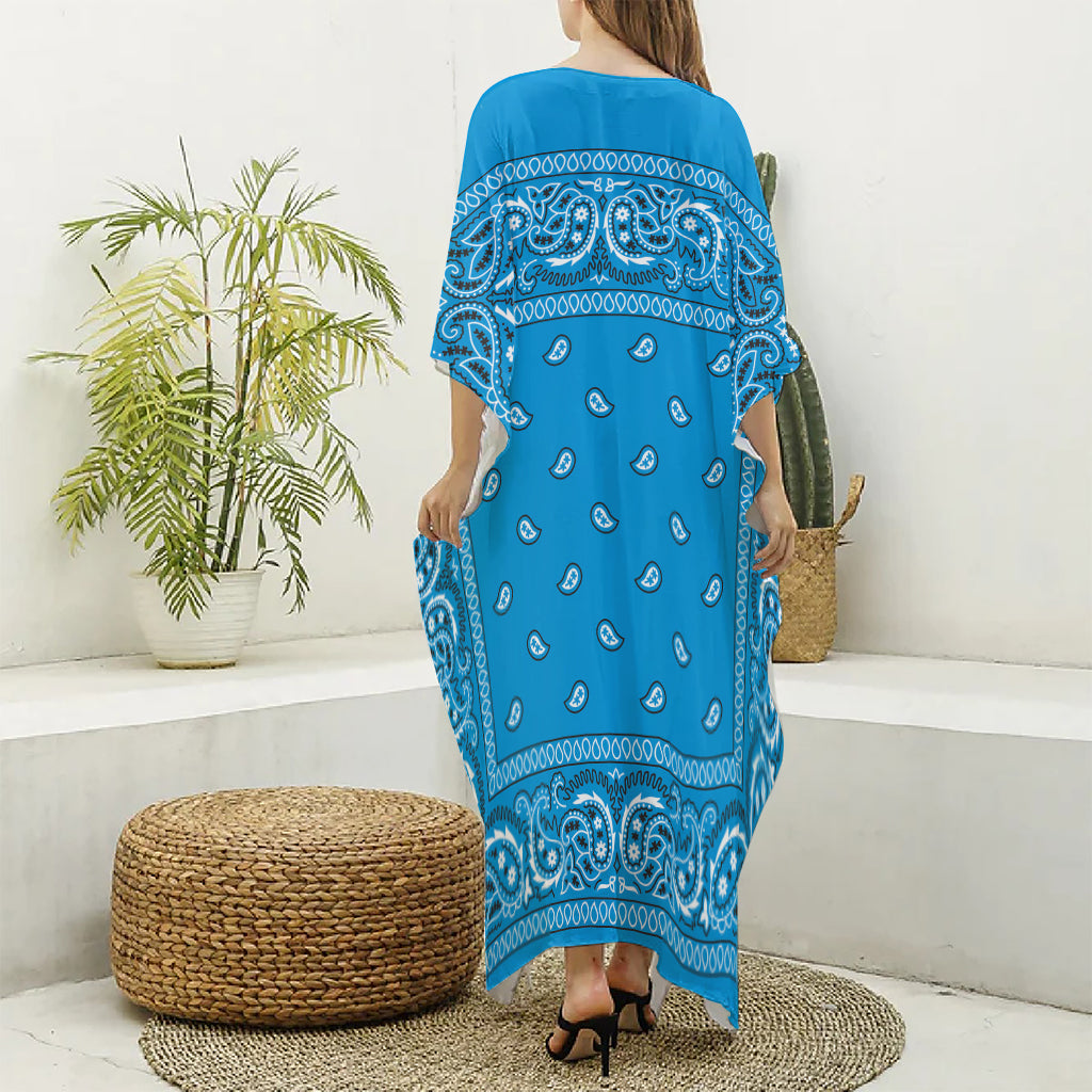 Light Blue Paisley Bandana Print Silk V-Neck Kaftan Dress