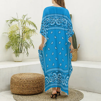 Light Blue Paisley Bandana Print Silk V-Neck Kaftan Dress