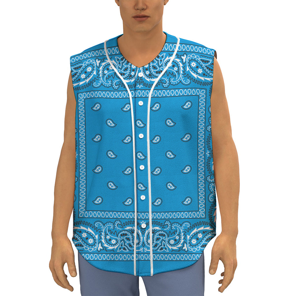 Light Blue Paisley Bandana Print Sleeveless Baseball Jersey