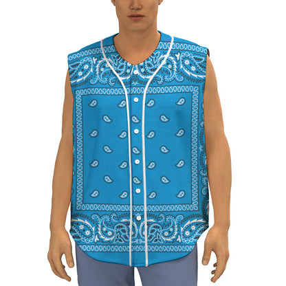 Light Blue Paisley Bandana Print Sleeveless Baseball Jersey