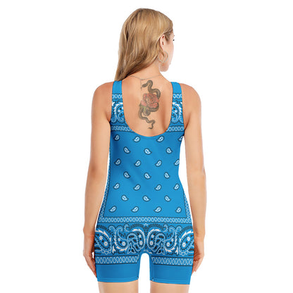 Light Blue Paisley Bandana Print Sleeveless One Piece Swimsuit