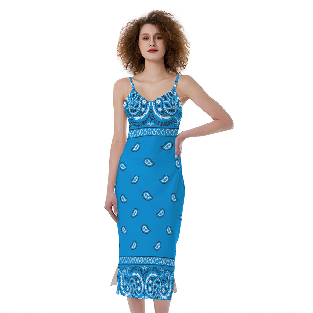 Light Blue Paisley Bandana Print Slim Fit Midi Cami Dress
