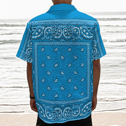 Light Blue Paisley Bandana Print Textured Short Sleeve Shirt