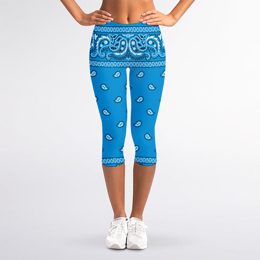 Light Blue Paisley Bandana Print Women's Capri Leggings