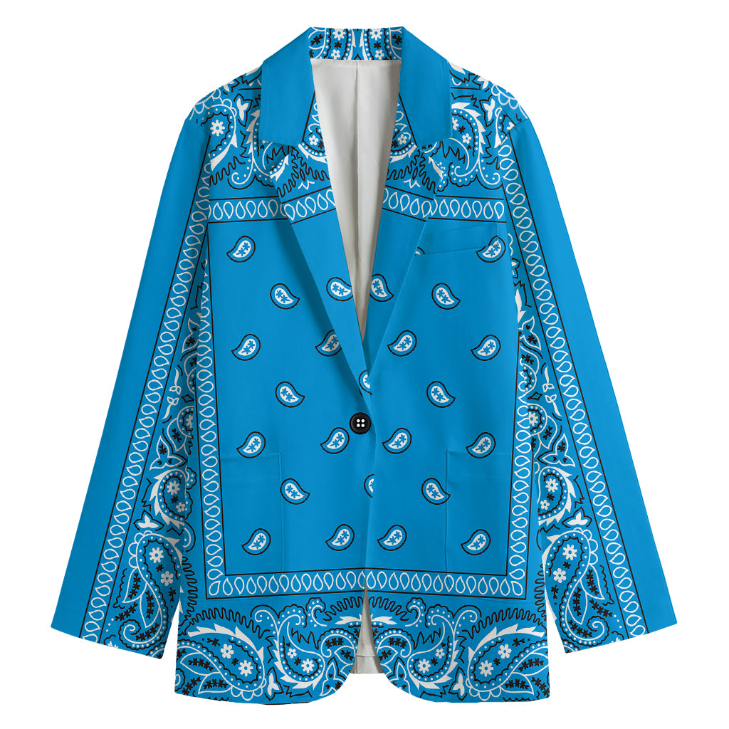 Light Blue Paisley Bandana Print Women's Cotton Blazer