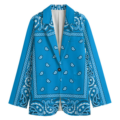 Light Blue Paisley Bandana Print Women's Cotton Blazer
