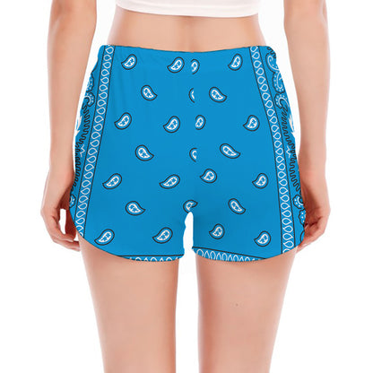Light Blue Paisley Bandana Print Women's Split Running Shorts