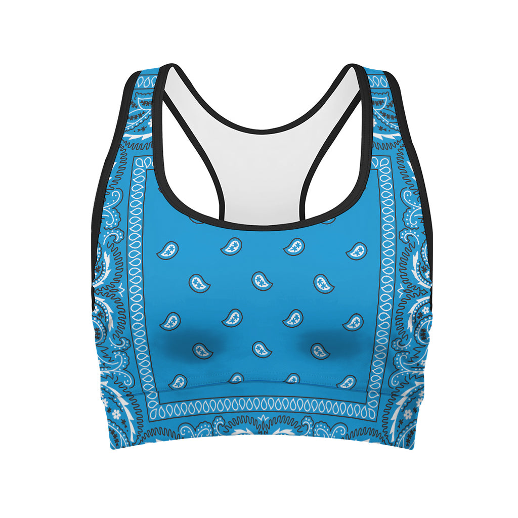 Light Blue Paisley Bandana Print Women's Sports Bra