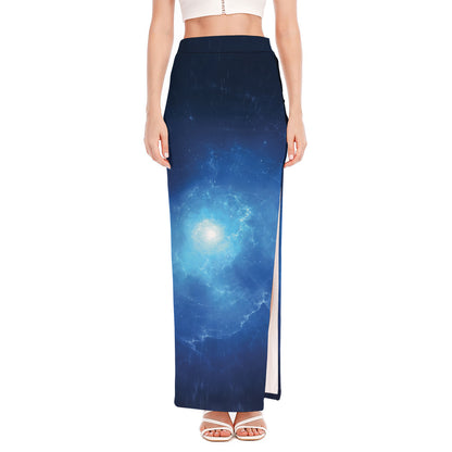 Light Blue Space Print High Slit Maxi Skirt