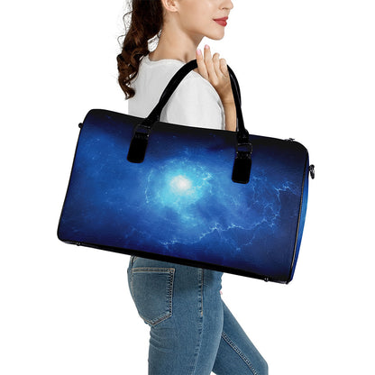 Light Blue Space Print Leather Duffle Bag