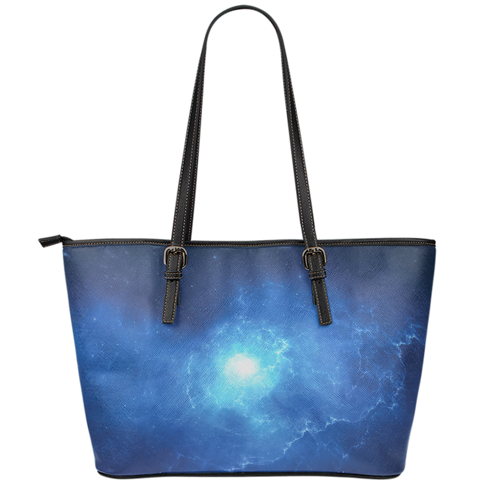 Light Blue Space Print Leather Tote Bag