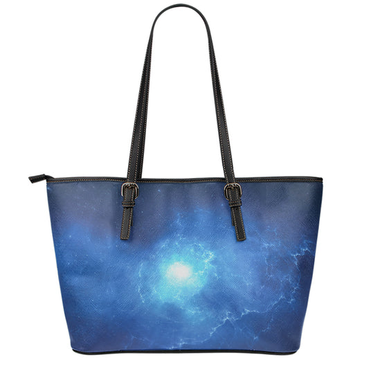 Light Blue Space Print Leather Tote Bag