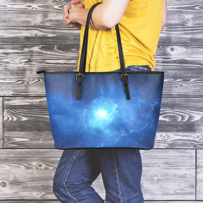 Light Blue Space Print Leather Tote Bag