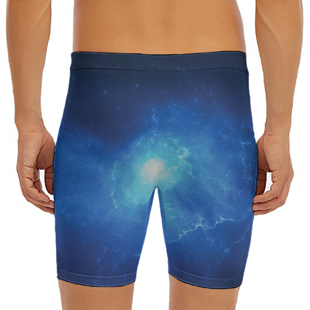 Light Blue Space Print Men's Long Boxer Briefs