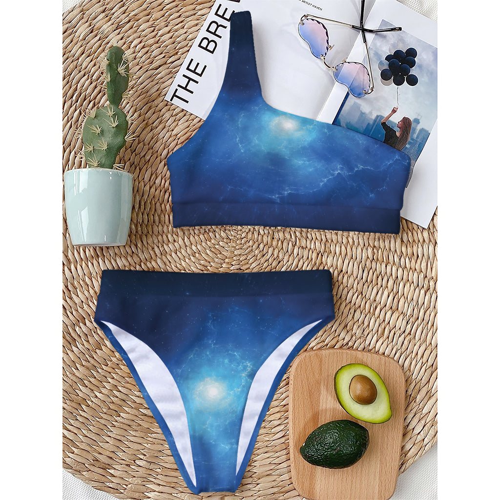 Light Blue Space Print One Shoulder Bikini Top