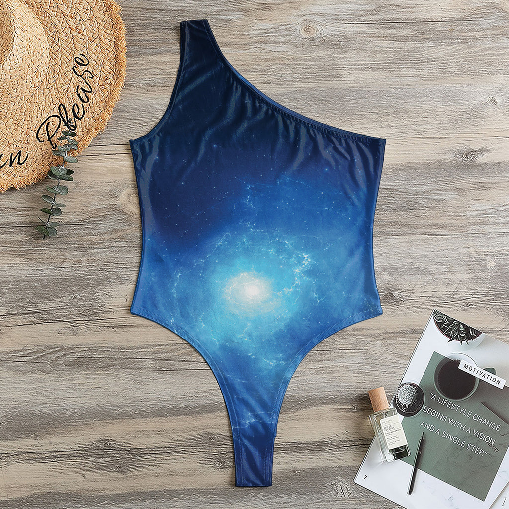 Light Blue Space Print One Shoulder Bodysuit
