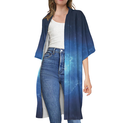 Light Blue Space Print Open Front Beach Cover Up