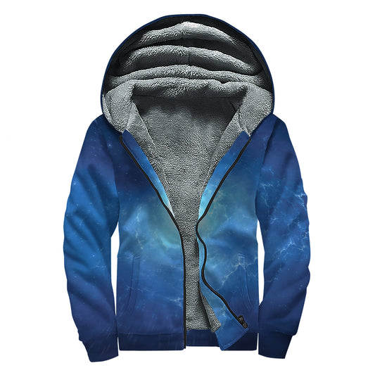 Light Blue Space Print Sherpa Lined Zip Up Hoodie