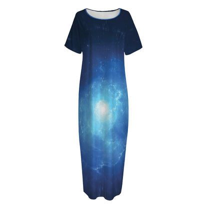 Light Blue Space Print Short Sleeve Long Nightdress