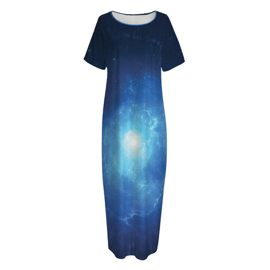 Light Blue Space Print Short Sleeve Long Nightdress