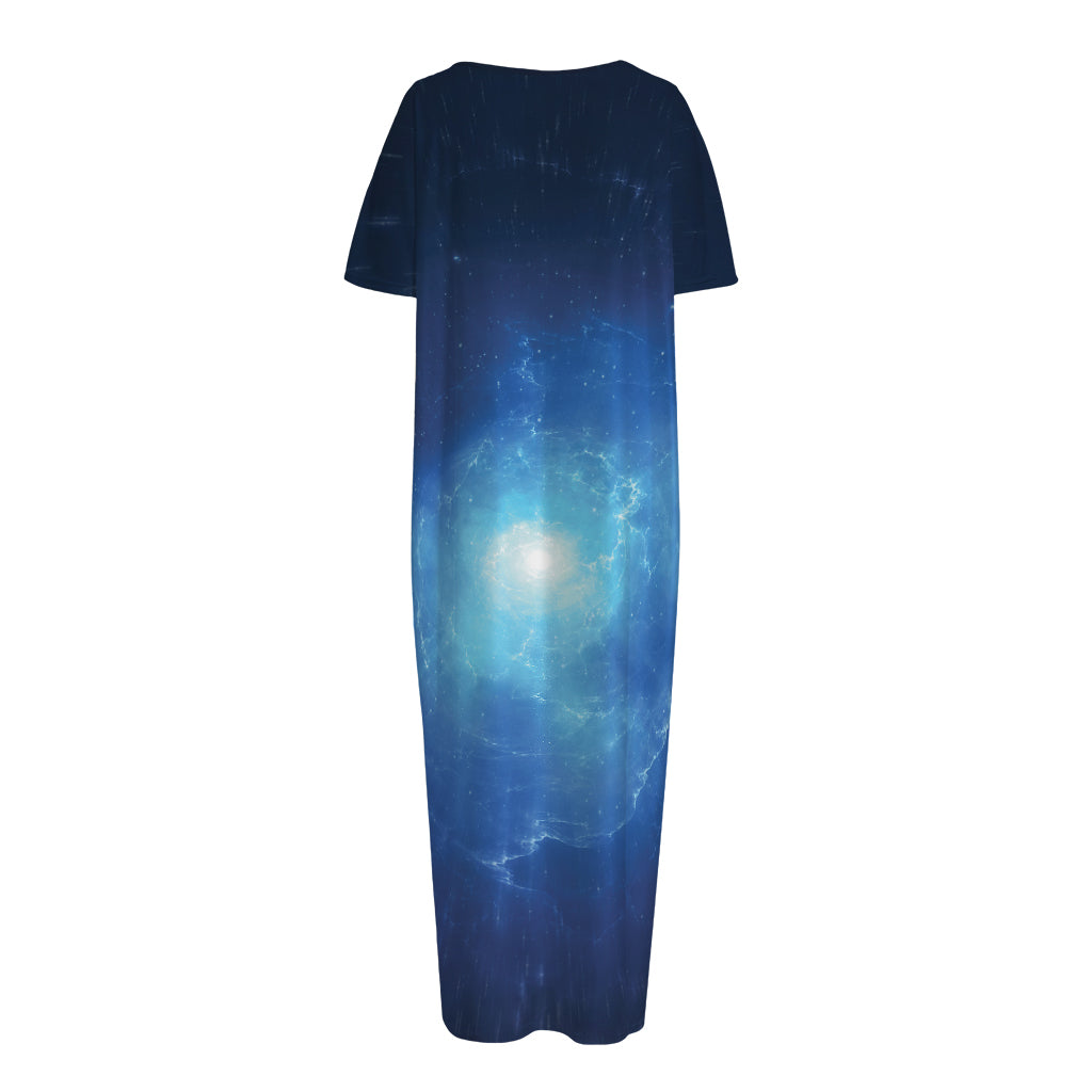 Light Blue Space Print Short Sleeve Long Nightdress