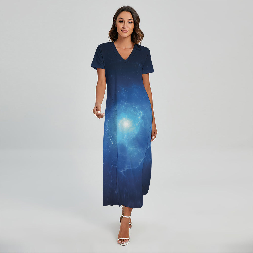 Light Blue Space Print Short Sleeve Maxi Dress