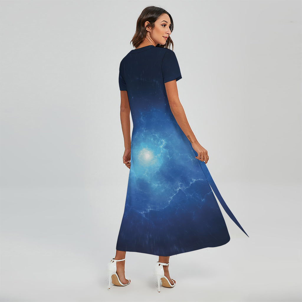 Light Blue Space Print Short Sleeve Maxi Dress