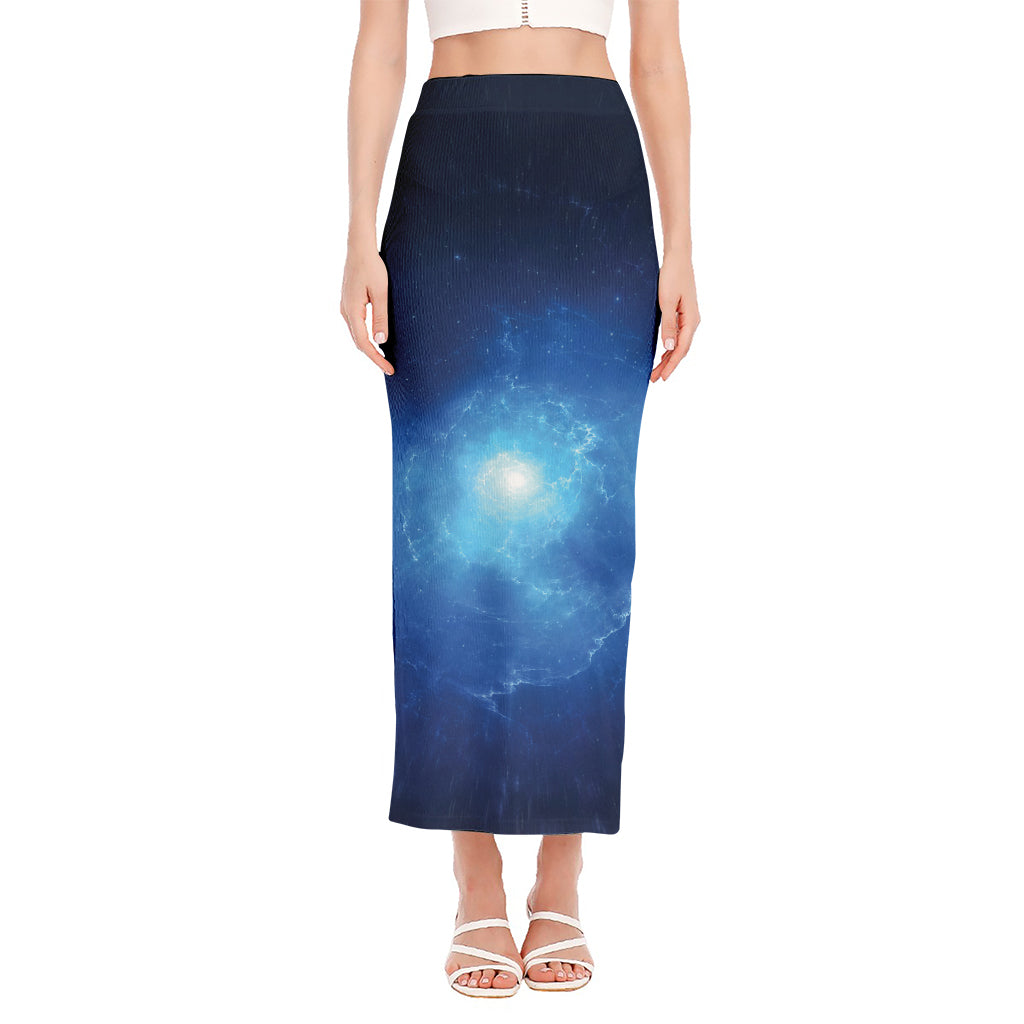 Light Blue Space Print Side Slit Maxi Skirt