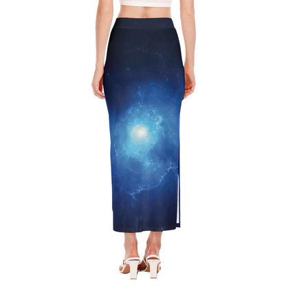 Light Blue Space Print Side Slit Maxi Skirt