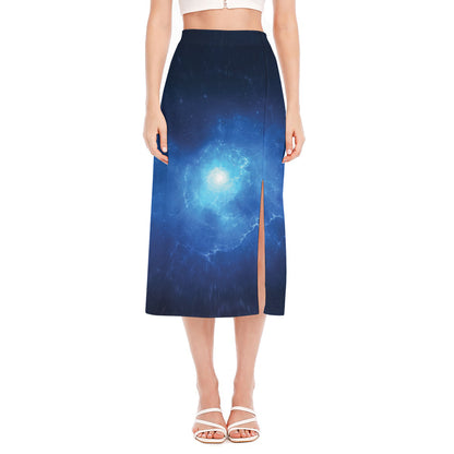 Light Blue Space Print Side Slit Midi Skirt